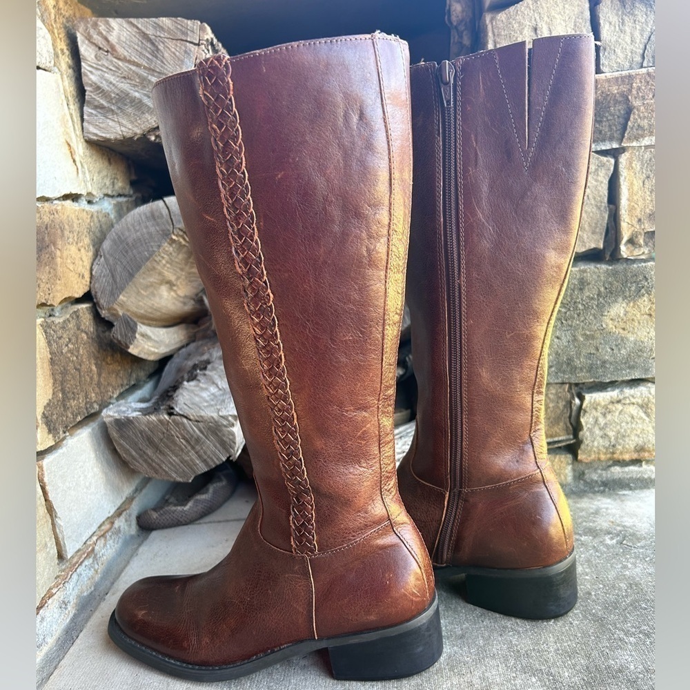 Nicole Vintage brown leather tall riding western boots braided detail Sz-6.5M  E - Picture 6 of 13